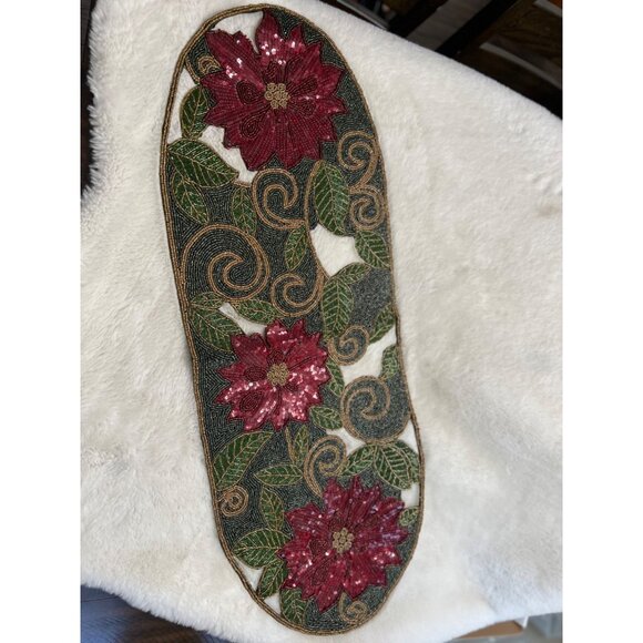 Pier 1 Imports Beaded Poinsettia Table Runner 13" X 36"  Polyester - Picture 1 of 9